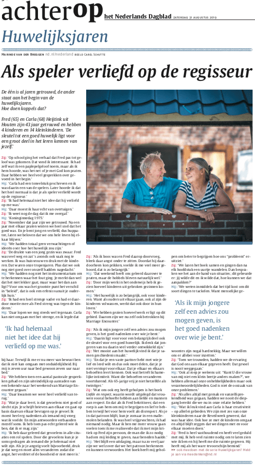 Huwelijksjaren Fred en Carla artikel in Nederlands Dagblad